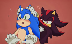 Size: 900x549 | Tagged: safe, artist:nyku7, shadow the hedgehog, sonic the hedgehog, 2018, blushing, duo, gay, hands on another's head, heart, lidded eyes, looking at them, mouth open, shadow x sonic, shipping, standing, surprised