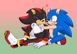 Size: 1748x1240 | Tagged: safe, artist:nyku7, shadow the hedgehog, sonic the hedgehog, 2020, cute, duo, gay, gradient background, heart, holding them, legs crossed, lidded eyes, looking at each other, shadow x sonic, shipping, sitting, smile, wink
