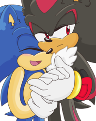Size: 1024x1291 | Tagged: safe, artist:josithehedgehog, shadow the hedgehog, sonic the hedgehog, 2016, blushing, cute, duo, eyes closed, frown, gay, holding hands, lidded eyes, looking offscreen, mouth open, shadow x sonic, shadowbetes, shipping, simple background, smile, sonabetes, transparent background