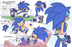 Size: 2047x1342 | Tagged: safe, artist:anhvo3511, sonic the hedgehog, abstract background, alternate universe, au:darkleading, bed, blue gloves, blue shoes, dialogue, english text, frown, grammatical error, heart, smile, solo, speech bubble