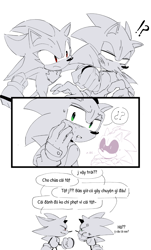Size: 1238x2048 | Tagged: safe, artist:anhvo3511, shadow the hedgehog, sonic the hedgehog, alternate universe, au:darkleading, dialogue, duo, exclamation mark, line art, looking at each other, punching, question mark, simple background, speech bubble, standing, vietnamese text, white background