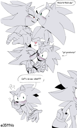 Size: 1238x2048 | Tagged: safe, artist:anhvo3511, shadow the hedgehog, sonic the hedgehog, alternate universe, au:darkleading, blushing, chu, dialogue, duo, english text, gay, holding them, kiss on cheek, lidded eyes, looking at each other, looking at them, question mark, shadow x sonic, shipping, simple background, speech bubble, standing, sweatdrop, vietnamese text, walking, white background