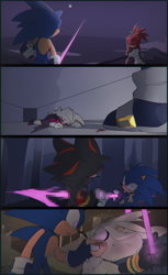 Size: 1256x2048 | Tagged: semi-grimdark, artist:anhvo3511, knuckles the echidna, rouge the bat, shadow the hedgehog, silver the hedgehog, sonic the hedgehog, abstract background, alternate universe, au:darkleading, blood, blue gloves, blue shoes, crying, fight, glowing eyes, holding something, impaled, injured, looking at each other, looking at them, panels, pink eyes, scared, sword