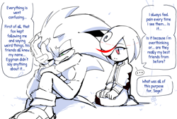 Size: 2048x1388 | Tagged: safe, artist:anhvo3511, sage, sonic the hedgehog, sonic frontiers, ..., alternate universe, au:darkleading, dialogue, duo, english text, frown, grammatical error, hand on head, kneeling, line art, mouth open, simple background, sitting, speech bubble, white background