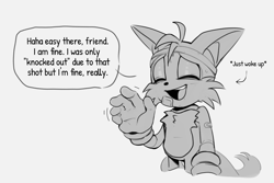 Size: 2047x1370 | Tagged: safe, artist:anhvo3511, miles "tails" prower, alternate universe, ask response, au:darkleading, bandage, bandaid, dialogue, english text, eyes closed, grey background, greyscale, injured, mouth open, simple background, smile, solo, speech bubble, standing, waving