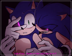 Size: 1622x1279 | Tagged: safe, artist:anhvo3511, sonic the hedgehog, oc, oc:darklead sonic, alternate universe, au:darkleading, black background, black sclera, border, clenched teeth, dialogue, duo, english text, glowing eyes, holding them, lidded eyes, pink eyes, self paradox, simple background, smile, sweatdrop
