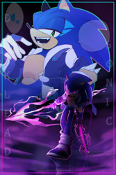 Size: 1368x2048 | Tagged: safe, artist:anhvo3511, sonic the hedgehog, abstract background, alternate universe, au:darkleading, border, duo, frown, glowing eyes, heart, holding something, jacket, lidded eyes, pink eyes, poster, smile, speech bubble, sword, walking