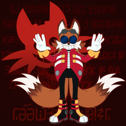 Size: 2048x2048 | Tagged: safe, artist:nb-hedgewolf, robotnik, fox, abstract background, hands up, looking at viewer, mobianified, outline, robotnik's logo, smile, standing, two tails