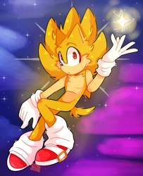 Size: 1661x2048 | Tagged: safe, artist:matrix--lazy, sonic the hedgehog, super sonic, abstract background, clouds, fluffy, flying, frown, looking at viewer, solo, sparkles, star (sky), star (symbol), super form, top surgery scars, trans male, transgender