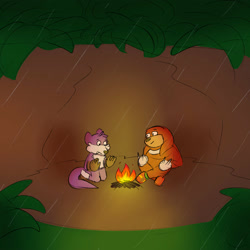 Size: 2000x2000 | Tagged: safe, artist:barsikscorner, knuckles the echidna, nack the weasel, campfire, duo, fire, gay, knackles, nighttime, outdoors, rain, shipping, sitting, smile