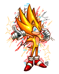 Size: 942x1171 | Tagged: safe, artist:kenjosart, sonic the hedgehog, super sonic 2, sonic frontiers, looking at viewer, pointing, signature, solo, sparkles, standing, star (symbol), super form, traditional media