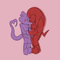 Size: 2000x2000 | Tagged: safe, artist:barsikscorner, knuckles the echidna, nack the weasel, cute, duo, eyes closed, gay, heart tail, holding each other, knackles, knucklebetes, nackabetes, nuzzle, one fang, pink background, shipping, simple background, smile, standing