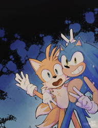 Size: 1541x2014 | Tagged: safe, artist:itfev, miles "tails" prower, sonic the hedgehog, sonic dream team, abstract background, clenched teeth, duo, holding each other, looking at viewer, mouth open, smile, standing, triple v sign, v sign