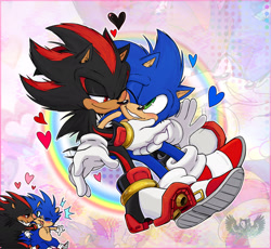 Size: 2048x1885 | Tagged: safe, artist:tytofi, shadow the hedgehog, sonic the hedgehog, abstract background, blushing, cute, duo, gay, heart, hugging, hugging from behind, lidded eyes, looking at each other, one eye closed, outline, rainbow, shadow x sonic, shipping, smile
