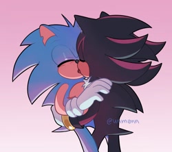 Size: 1800x1600 | Tagged: safe, artist:unmonn, shadow the hedgehog, sonic the hedgehog, chipped ear, duo, eyes closed, gay, gradient background, holding each other, kiss on cheek, shadow x sonic, shipping, signature, standing, top surgery scars, trans male, transgender