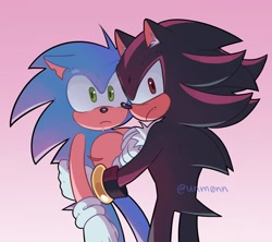Size: 1800x1600 | Tagged: safe, artist:unmonn, shadow the hedgehog, sonic the hedgehog, annoyed, chipped ear, drool, duo, ear fluff, frown, gay, gradient background, holding each other, looking at viewer, looking back at viewer, one fang, saliva, shadow x sonic, shipping, signature, standing, top surgery scars, trans male, transgender