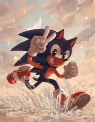 Size: 1176x1500 | Tagged: safe, artist:rayactivefactory, sonic the hedgehog, abstract background, clenched teeth, clouds, looking at viewer, outdoors, running, smile, solo, sparkles, v sign, water
