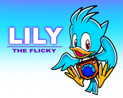 Size: 2103x1663 | Tagged: safe, artist:wizenheimer2003, flicky, sonic adventure, 2020, character name, english text, gradient background, lily, looking at viewer, mouth open, smile, solo, uekawa style