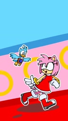 Size: 1500x2668 | Tagged: safe, artist:boiled_walrus, amy rose, flicky, sonic adventure, abstract background, duo, flying, lily, looking at each other, outline, ring, running, shadow (lighting)