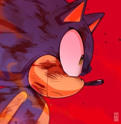 Size: 2001x2048 | Tagged: safe, artist:thatbirdguy_, sonic the hedgehog, 2023, bleeding, blood, frown, injured, looking ahead, red background, scratch (injury), signature, simple background, solo, wound