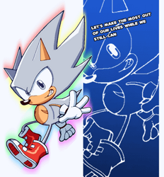 Size: 320x345 | Tagged: artist needed, safe, sonic the hedgehog, abstract background, classic sonic, english text, hyper form, hyper sonic, looking at viewer, smile, solo, top surgery scars, trans male, transgender