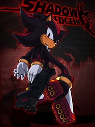 Size: 1532x2048 | Tagged: safe, artist:realshadowfan01, shadow the hedgehog, 2023, abstract background, gun, holding something, logo, looking back at viewer, outline, shadow the hedgehog (video game), solo