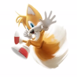 Size: 2048x2048 | Tagged: safe, artist:grimmie02, miles "tails" prower, 2023, flying, lineless, looking at viewer, mouth open, simple background, smile, solo, spinning tails, waving, white background