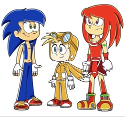 Size: 640x597 | Tagged: safe, artist:successful-plant2925, knuckles the echidna, miles "tails" prower, sonic the hedgehog, human, 2023, clothes, frown, humanized, looking offscreen, simple background, smile, standing, trio, uekawa style, white background