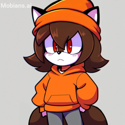 Size: 2048x2048 | Tagged: safe, ai art, artist:mobians.ai, oc, oc:tory fox, fox, 2023, beanie, blushing, brown fur, female, frown, grey background, hoodie, looking ahead, oc only, oversized, pants, prompter:taeko, red eyes, simple background, solo, standing, trans female, transgender, two tails