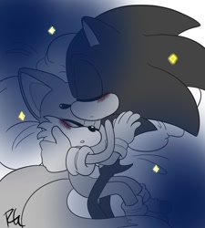 Size: 1080x1200 | Tagged: safe, artist:riri_galpal, miles "tails" prower, sonic the hedgehog, 2023, bed, blushing, cuddling, duo, eyes closed, gay, holding each other, shipping, signature, sleeping, sonic x tails, star (symbol)