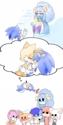 Size: 1039x2048 | Tagged: safe, artist:nekitogame67025, amy rose, cream the rabbit, knuckles the echidna, miles "tails" prower, rouge the bat, sonic the hedgehog, sonic dream team, 2023, ariem, blushing, dialogue, dreaming, gay, group, kiss, shipping, simple background, sonic x tails, spanish text, thought bubble, white background