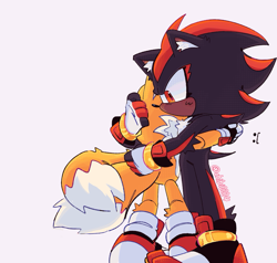 Size: 1806x1722 | Tagged: safe, artist:chibi-0004, miles "tails" prower, shadow the hedgehog, :[, duo, fingerless gloves, hugging, signature, standing