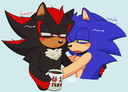 Size: 1943x1401 | Tagged: safe, artist:saikkie, shadow the hedgehog, sonic the hedgehog, blushing, bust, coffee, duo, english text, gay, gloves off, green background, holding each other, lidded eyes, mug, shadow x sonic, shipping, simple background, tired, top surgery scars, trans male, transgender