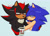 Size: 1943x1401 | Tagged: dead source, safe, artist:saikkie, shadow the hedgehog, sonic the hedgehog, hedgehog, blushing, bust, coffee, drooling, duo, english text, gay, gloves off, green background, holding each other, lidded eyes, male, mug, saliva, shadow x sonic, shipping, simple background, tired, top surgery scars, trans male, transgender