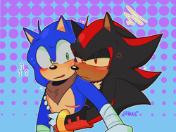 Size: 2048x1536 | Tagged: safe, artist:saikkie, shadow the hedgehog, sonic the hedgehog, abstract background, blushing, bust, cross popping vein, duo, gay, hugging from behind, possessive, question mark, shadow x sonic, shipping, signature, sweatdrop, top surgery scars, trans male, transgender, yellow sclera