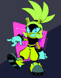 Size: 1990x2544 | Tagged: safe, artist:candycatstuffs, surge the tenrec, abstract background, blue sclera, devil horns (gesture), electricity, looking at viewer, redraw, signature, smile, solo, standing