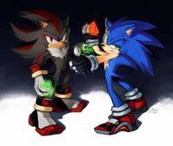 Size: 2048x1737 | Tagged: safe, artist:renard-dartigue, shadow the hedgehog, sonic the hedgehog, abstract background, chaos emerald, duo, frown, gay, holding something, looking at viewer, shadow x sonic, shipping, signature, smile, soap shoes, standing, top surgery scars, trans male, transgender
