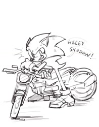 Size: 1080x1376 | Tagged: safe, artist:joodles98, sonic the hedgehog, dialogue, english text, implied shadow, line art, looking at viewer, motorcycle, simple background, smile, solo, white background