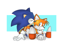 Size: 1600x1200 | Tagged: safe, artist:justnav04, miles "tails" prower, sonic the hedgehog, abstract background, classic sonic, classic style, classic tails, cute, duo, kiss on head, platonic, sitting, smile