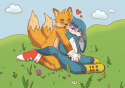Size: 2048x1445 | Tagged: safe, artist:meltingshards, kit the fennec, miles "tails" prower, beanbrows, blushing, clouds, cute, daytime, duo, eyes closed, flower, gay, grass, heart, hugging from behind, kitails, kneeling, looking at them, outdoors, shipping, sitting