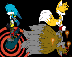 Size: 2048x1612 | Tagged: safe, artist:cyngawolf, kit the fennec, miles "tails" prower, alternate version, black background, colored version, crying, duo, eyes closed, flame, flat colors, gay, kitails, kitsune, shipping, side view, simple background, standing, tears