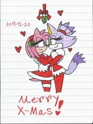 Size: 847x1133 | Tagged: safe, artist:katarinathecat, amy rose, blaze the cat, cat, hedgehog, 2015, amy x blaze, christmas, christmas outfit, cute, female, females only, hand on shoulder, hands on back, hearts, lesbian, looking at each other, shipping, traditional media