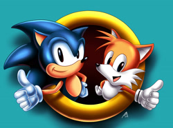 Size: 3500x2600 | Tagged: safe, artist:andersonicth, miles "tails" prower, sonic the hedgehog, 2023, classic sonic, classic tails, double thumbs up, duo, greg martin style, looking at viewer, redraw, ring, shadow (lighting), signature, simple background, smile, sonic chaos, turquoise background