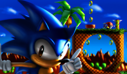 Size: 1500x874 | Tagged: safe, artist:default-deviant, moto bug, sonic the hedgehog, green hill zone, sonic the hedgehog (1991), 2011, abstract background, badnik, classic sonic, clouds, lineless, looking at viewer, loop, palm tree, pointing, ring, smile, solo, spring, totem pole