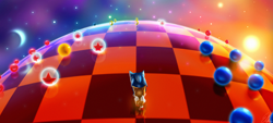 Size: 2600x1170 | Tagged: safe, artist:default-deviant, miles "tails" prower, sonic the hedgehog, 2011, abstract background, blue spheres, classic sonic, classic tails, duo, featured image, lineless, moon, ring, sonic the hedgehog 3, special stage, star (sky), sun