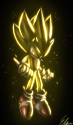 Size: 417x709 | Tagged: safe, artist:default-deviant, sonic the hedgehog, super sonic, 2009, black background, clenched fists, flying, glowing, lineless, signature, simple background, solo, super form
