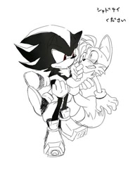 Size: 465x604 | Tagged: artist needed, safe, miles "tails" prower, shadow the hedgehog, black and white, blushing, carrying them, duo, gay, japanese text, looking at each other, mouth open, shadails, shipping, simple background, standing, sweatdrop, white background