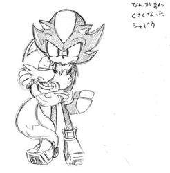 Size: 480x488 | Tagged: artist needed, safe, miles "tails" prower, shadow the hedgehog, carrying them, frown, gay, japanese text, looking ahead, shadails, shipping, simple background, sketch, sleeping, solo, standing, white background
