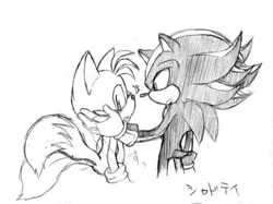 Size: 720x538 | Tagged: artist needed, safe, miles "tails" prower, shadow the hedgehog, gay, hand on another's face, japanese text, looking at them, looking away, shadails, shipping, simple background, sketch, solo, standing, white background