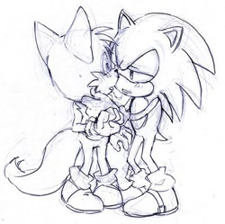 Size: 480x479 | Tagged: artist needed, safe, miles "tails" prower, sonic the hedgehog, blushing, duo, gay, holding them, lidded eyes, line art, looking at each other, mouth open, saliva trail, shipping, simple background, sketch, sonic x tails, standing, white background